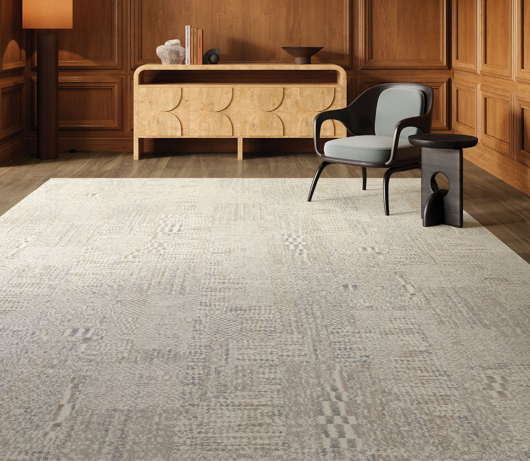 An image of a room with Modern Finds carpet, a table and chair.
