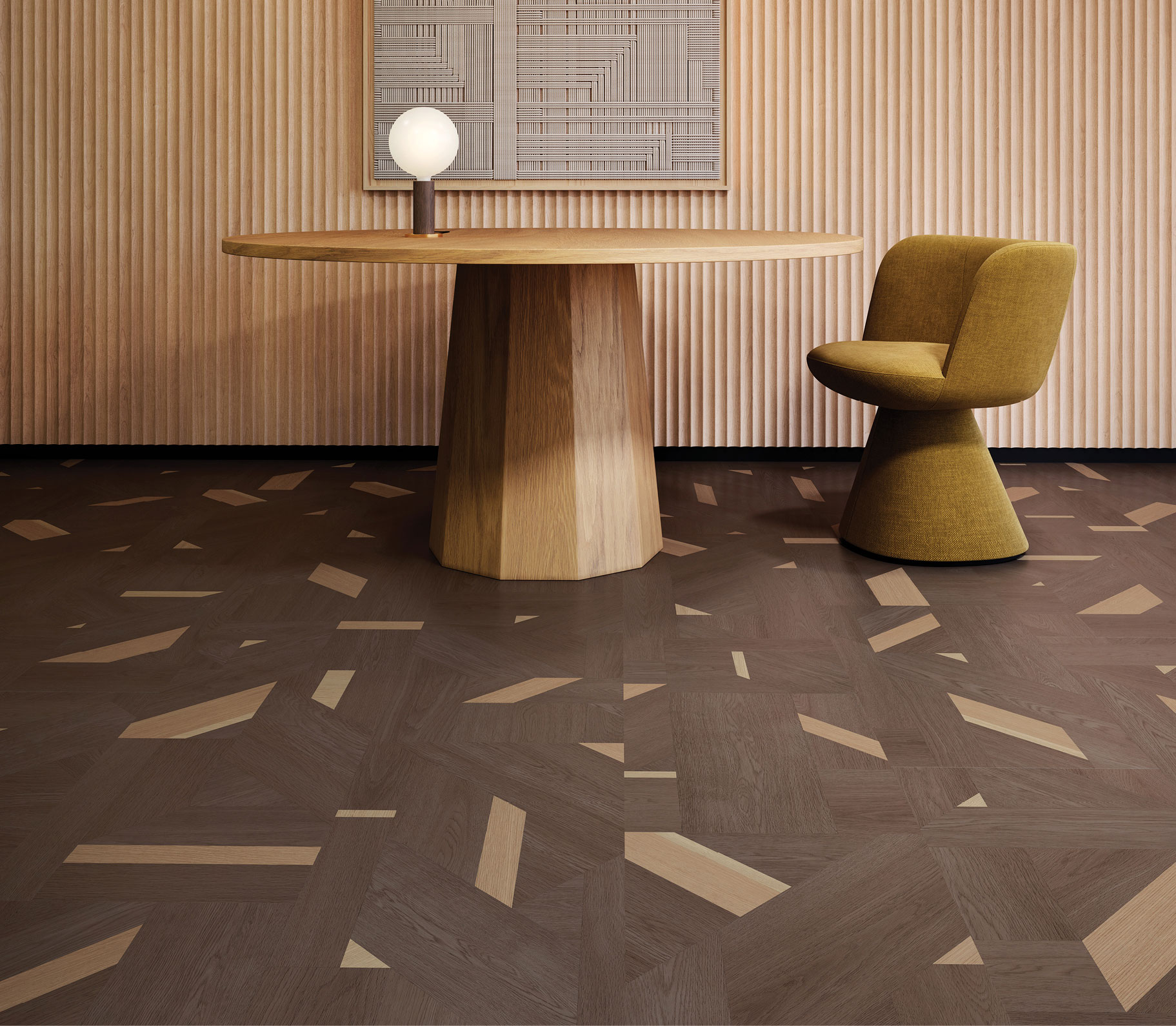 A room with Block + Blend resilient flooring, a table and chair.