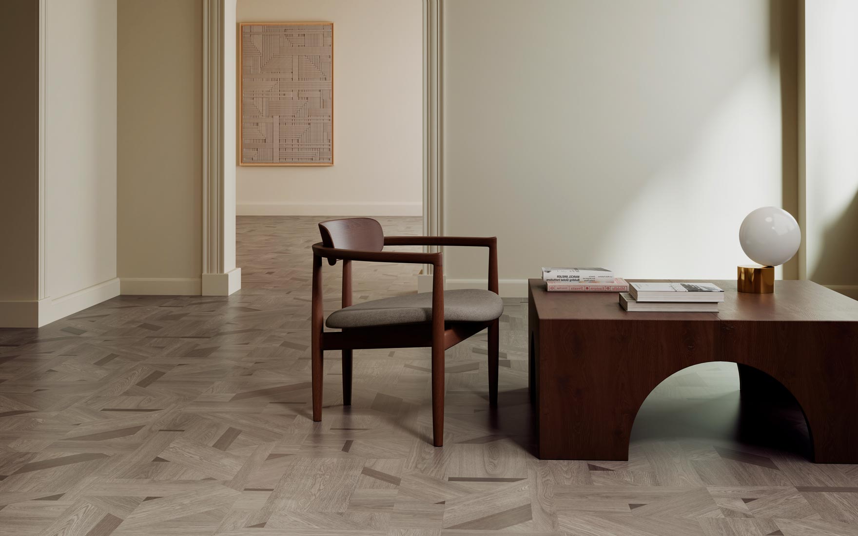 A room with Block + Blend resilient flooring, a table and chair.